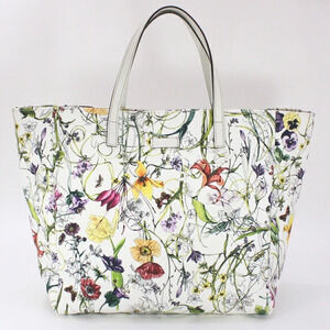 GUCCI Flora Flower Tote Bag Canvas Leather White Multicolor